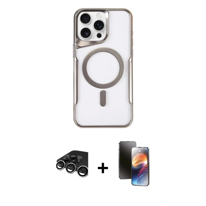 MARSİLYAN™- iPhone 15 Pro Max Kılıf Yadigar Klasik Özel Seri - Siyah 3D Antistatik Mat Seramik Nano Ekran Koruyucu + Gümüş Raze Metal Kamera Lens