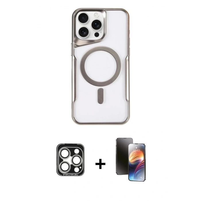MARSİLYAN™- iPhone 15 Pro Max Kılıf Yadigar Klasik Özel Seri - Siyah 3D Antistatik Mat Seramik Nano Ekran Koruyucu + PVD Metal Kamera Lens - GS