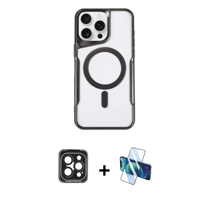 MARSİLYAN™- iPhone 15 Pro Max Kılıf Yadigar Klasik Özel Seri - Siyah 3D Antistatik Seramik Nano Ekran Koruyucu + PVD Metal Kamera Lens - SH