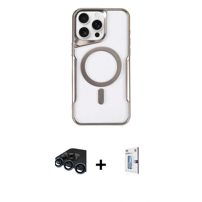 MARSİLYAN™- iPhone 15 Pro Max Kılıf Yadigar Klasik Özel Seri - Siyah Bilvis 0.18mm Plus Cam Ekran Koruyucu + Lacivert Raze Metal Kamera Lens