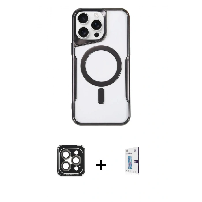 MARSİLYAN™- iPhone 15 Pro Max Kılıf Yadigar Klasik Özel Seri - Siyah Bilvis 0.18mm Plus Cam Ekran Koruyucu + PVD Metal Kamera Lens - GI