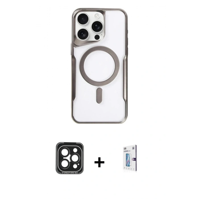MARSİLYAN™- iPhone 15 Pro Max Kılıf Yadigar Klasik Özel Seri - Siyah Bilvis 0.18mm Plus Cam Ekran Koruyucu + PVD Metal Kamera Lens - SH