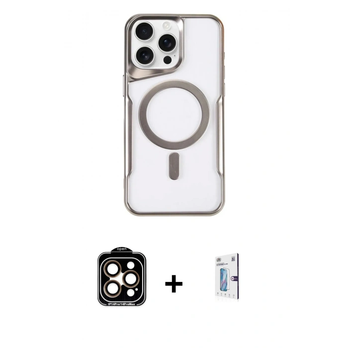 MARSİLYAN™- iPhone 15 Pro Max Kılıf Yadigar Klasik Özel Seri - Siyah Bilvis 0.18mm Plus Cam Ekran Koruyucu + PVD Metal Kamera Lens - TU