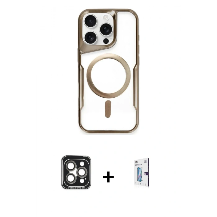 MARSİLYAN™- iPhone 15 Pro Max Kılıf Yadigar Klasik Özel Seri - Siyah Bilvis 0.18mm Plus Cam Ekran Koruyucu + PVD Metal Kamera Lens - GI