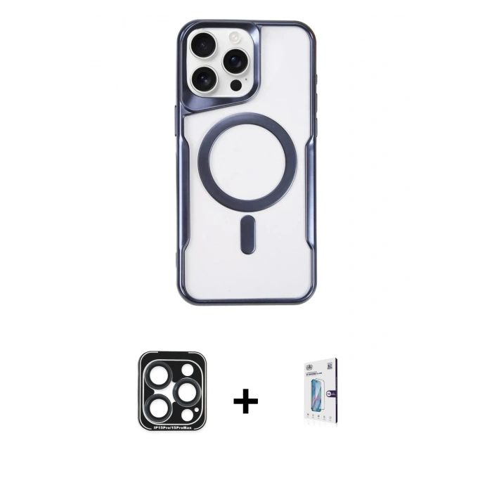 MARSİLYAN™- iPhone 15 Pro Max Kılıf Yadigar Klasik Özel Seri - Siyah Bilvis 0.18mm Plus Cam Ekran Koruyucu + PVD Metal Kamera Lens - LT
