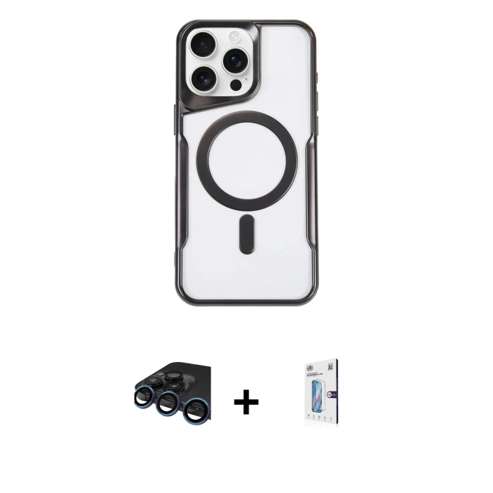 MARSİLYAN™- iPhone 15 Pro Max Kılıf Yadigar Klasik Özel Seri - Siyah Bilvis 0.18mm Plus Cam Ekran Koruyucu + Lacivert Raze Metal Kamera Lens