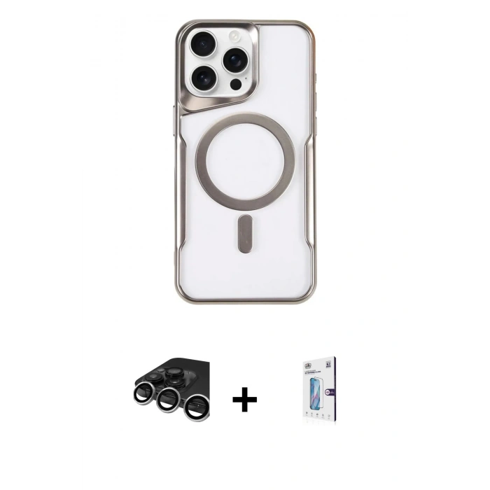 MARSİLYAN™- iPhone 15 Pro Max Kılıf Yadigar Klasik Özel Seri - Siyah Bilvis 0.18mm Plus Cam Ekran Koruyucu + Raze Metal Kamera Lens - GS