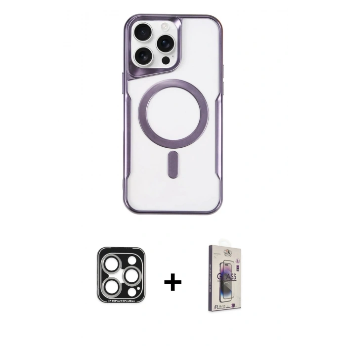 MARSİLYAN™- iPhone 15 Pro Max Kılıf Yadigar Klasik Özel Seri - Siyah Bilvis 3D Cam Ekran Koruyucu + PVD Metal Kamera Lens - GS