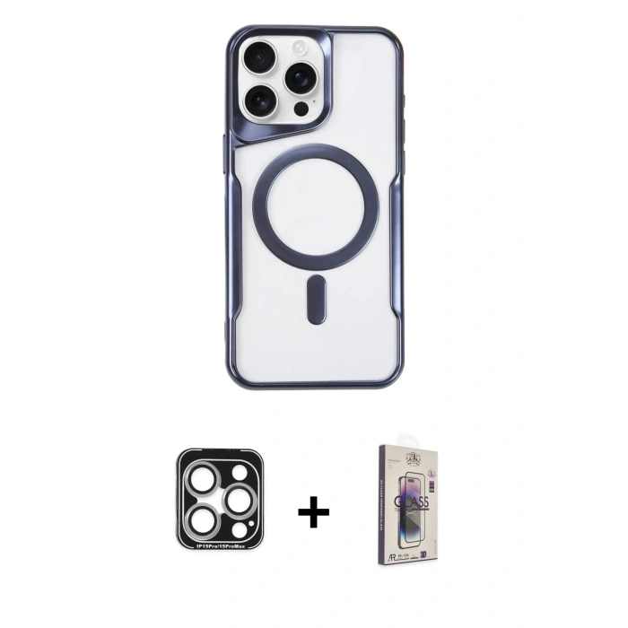 MARSİLYAN™- iPhone 15 Pro Max Kılıf Yadigar Klasik Özel Seri - Siyah Bilvis 3D Cam Ekran Koruyucu + PVD Metal Kamera Lens - GS