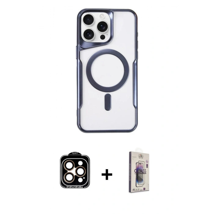 MARSİLYAN™- iPhone 15 Pro Max Kılıf Yadigar Klasik Özel Seri - Siyah Bilvis 3D Cam Ekran Koruyucu + PVD Metal Kamera Lens - TU