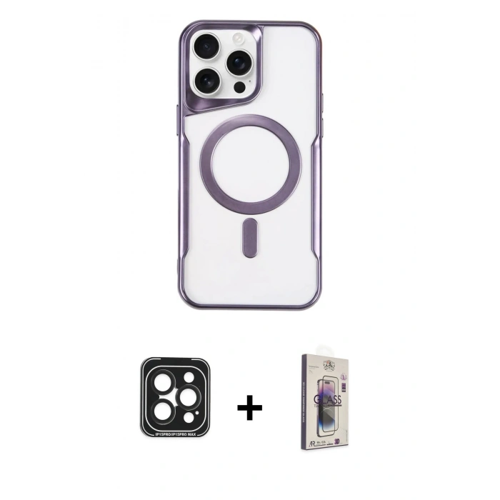 MARSİLYAN™- iPhone 15 Pro Max Kılıf Yadigar Klasik Özel Seri - Siyah Bilvis 3D Cam Ekran Koruyucu + PVD Metal Kamera Lens - SH