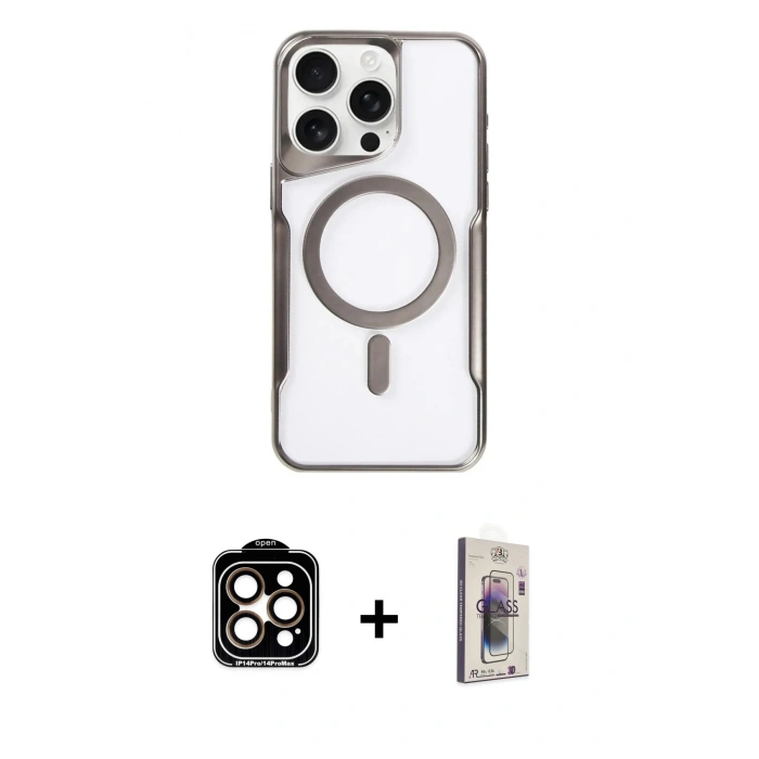 MARSİLYAN™- iPhone 15 Pro Max Kılıf Yadigar Klasik Özel Seri - Siyah Bilvis 3D Cam Ekran Koruyucu + PVD Metal Kamera Lens - TU