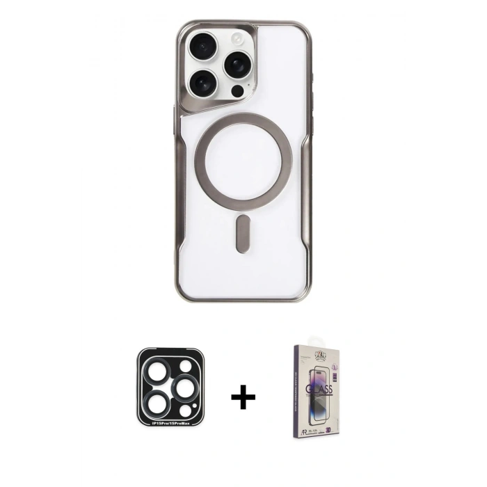 MARSİLYAN™- iPhone 15 Pro Max Kılıf Yadigar Klasik Özel Seri - Siyah Bilvis 3D Cam Ekran Koruyucu + PVD Metal Kamera Lens - LT
