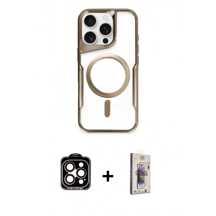 MARSİLYAN™- iPhone 15 Pro Max Kılıf Yadigar Klasik Özel Seri - Siyah Bilvis 3D Cam Ekran Koruyucu + PVD Metal Kamera Lens - TU