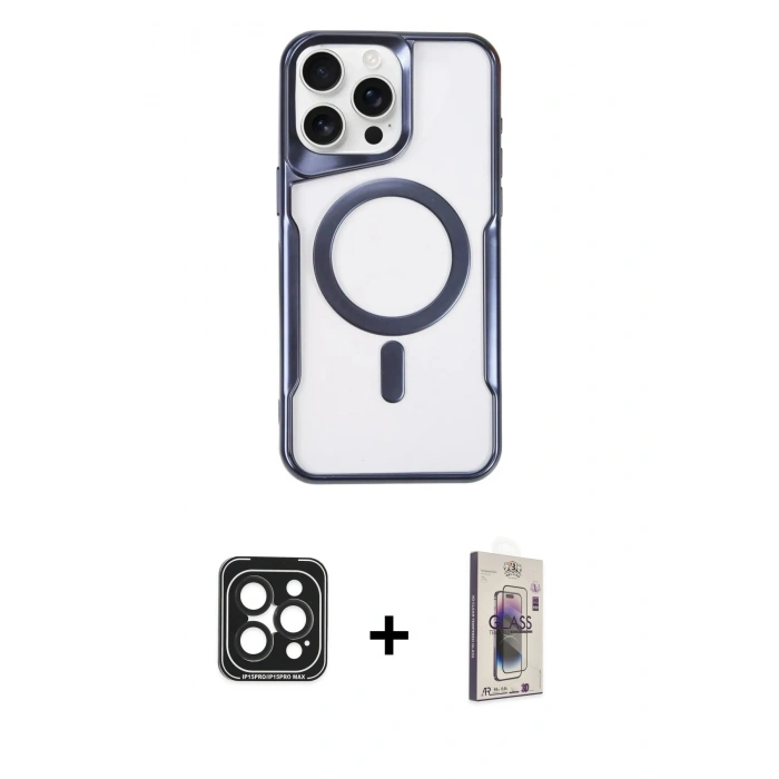 MARSİLYAN™- iPhone 15 Pro Max Kılıf Yadigar Klasik Özel Seri - Siyah Bilvis 3D Cam Ekran Koruyucu + PVD Metal Kamera Lens - SH