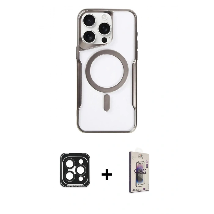 MARSİLYAN™- iPhone 15 Pro Max Kılıf Yadigar Klasik Özel Seri - Siyah Bilvis 3D Cam Ekran Koruyucu + PVD Metal Kamera Lens - SH