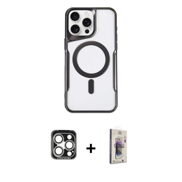 MARSİLYAN™- iPhone 15 Pro Max Kılıf Yadigar Klasik Özel Seri - Siyah Bilvis 3D Cam Ekran Koruyucu + PVD Metal Kamera Lens - GS