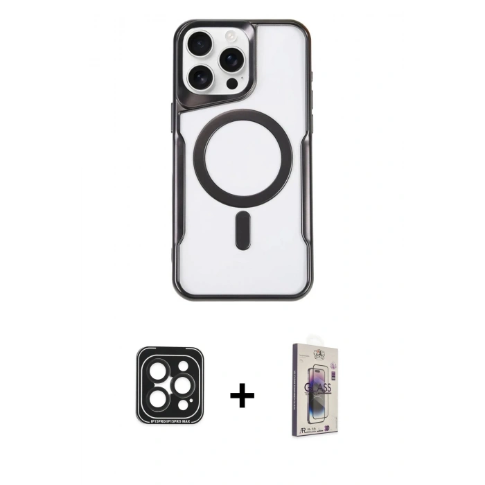 MARSİLYAN™- iPhone 15 Pro Max Kılıf Yadigar Klasik Özel Seri - Siyah Bilvis 3D Cam Ekran Koruyucu + PVD Metal Kamera Lens - SH