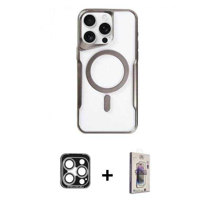 MARSİLYAN™- iPhone 15 Pro Max Kılıf Yadigar Klasik Özel Seri - Siyah Bilvis 3D Cam Ekran Koruyucu + PVD Metal Kamera Lens - GS