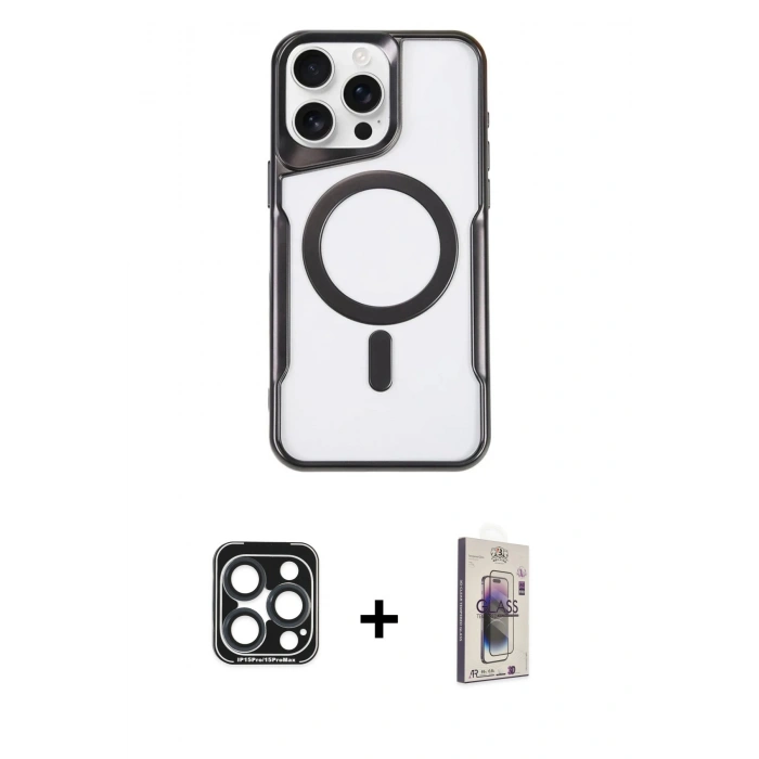 MARSİLYAN™- iPhone 15 Pro Max Kılıf Yadigar Klasik Özel Seri - Siyah Bilvis 3D Cam Ekran Koruyucu + PVD Metal Kamera Lens - LT