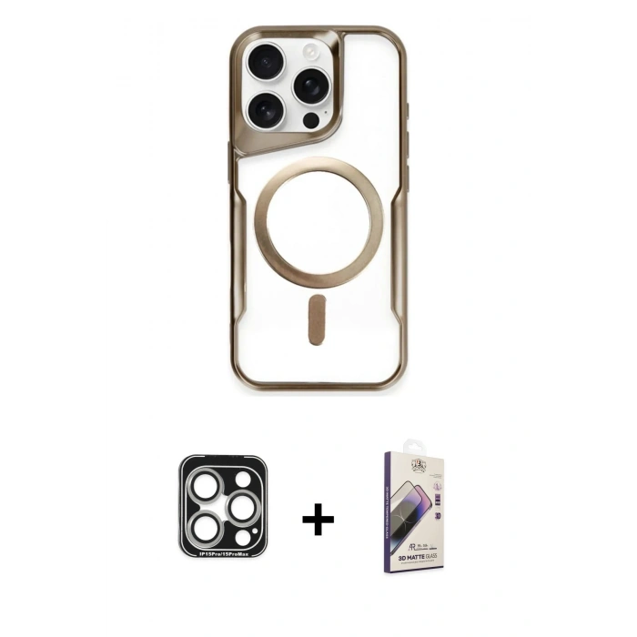 MARSİLYAN™- iPhone 15 Pro Max Kılıf Yadigar Klasik Özel Seri - Siyah Bilvis 3D Mat Cam Ekran Koruyucu + PVD Metal Kamera Lens - GS