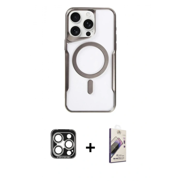 MARSİLYAN™- iPhone 15 Pro Max Kılıf Yadigar Klasik Özel Seri - Siyah Bilvis 3D Mat Cam Ekran Koruyucu + PVD Metal Kamera Lens - GS