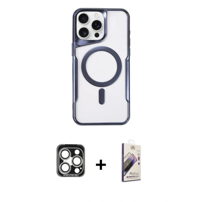 MARSİLYAN™- iPhone 15 Pro Max Kılıf Yadigar Klasik Özel Seri - Siyah Bilvis 3D Mat Cam Ekran Koruyucu + PVD Metal Kamera Lens - GS