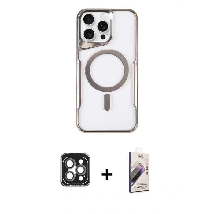 MARSİLYAN™- iPhone 15 Pro Max Kılıf Yadigar Klasik Özel Seri - Siyah Bilvis 3D Mat Cam Ekran Koruyucu + PVD Metal Kamera Lens - GI