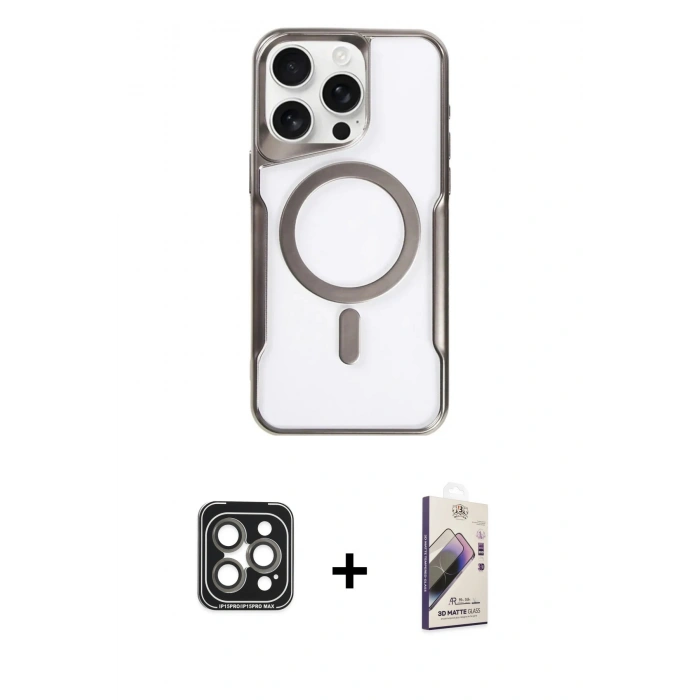 MARSİLYAN™- iPhone 15 Pro Max Kılıf Yadigar Klasik Özel Seri - Siyah Bilvis 3D Mat Cam Ekran Koruyucu + PVD Metal Kamera Lens - GI