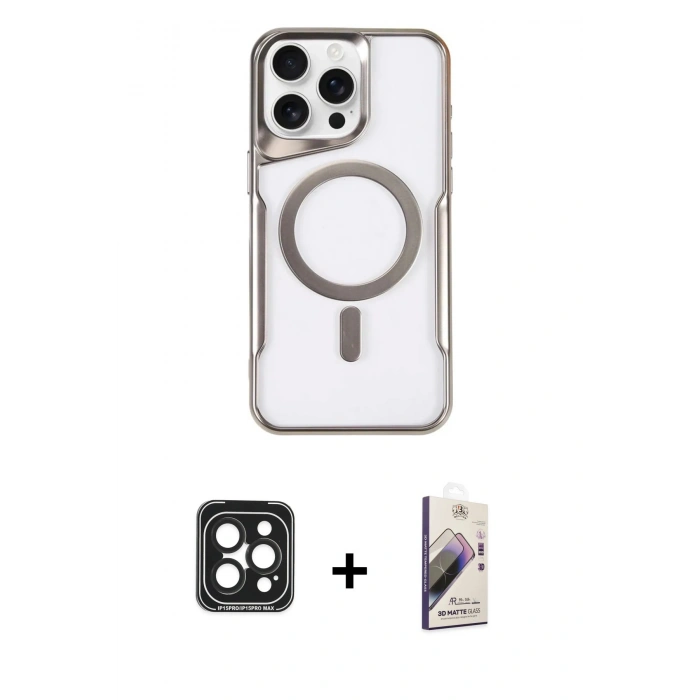 MARSİLYAN™- iPhone 15 Pro Max Kılıf Yadigar Klasik Özel Seri - Siyah Bilvis 3D Mat Cam Ekran Koruyucu + PVD Metal Kamera Lens - SH