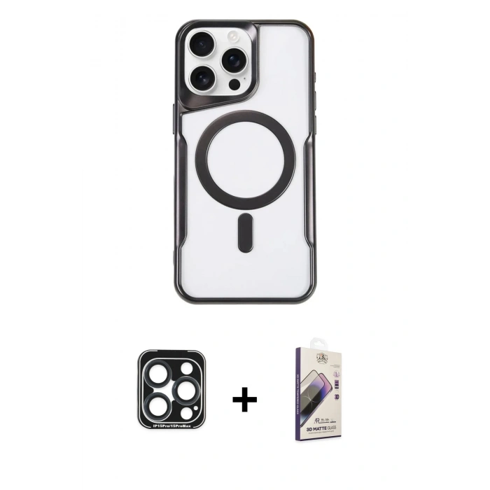 MARSİLYAN™- iPhone 15 Pro Max Kılıf Yadigar Klasik Özel Seri - Siyah Bilvis 3D Mat Cam Ekran Koruyucu + PVD Metal Kamera Lens - LT