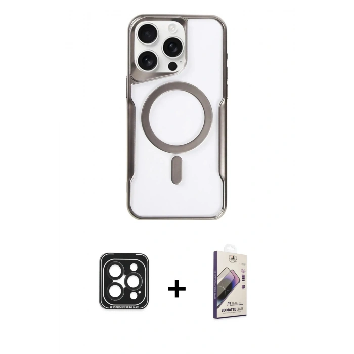 MARSİLYAN™- iPhone 15 Pro Max Kılıf Yadigar Klasik Özel Seri - Siyah Bilvis 3D Mat Cam Ekran Koruyucu + PVD Metal Kamera Lens - SH