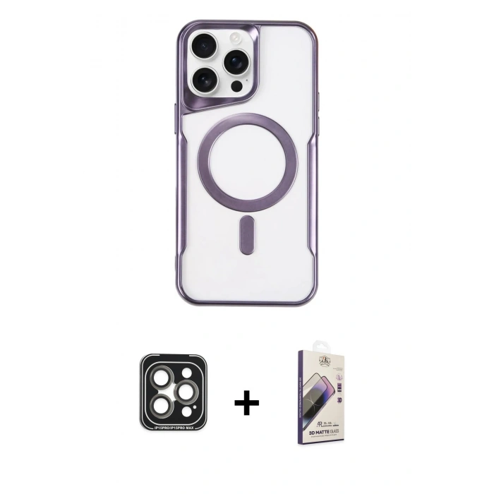 MARSİLYAN™- iPhone 15 Pro Max Kılıf Yadigar Klasik Özel Seri - Siyah Bilvis 3D Mat Cam Ekran Koruyucu + PVD Metal Kamera Lens - GI