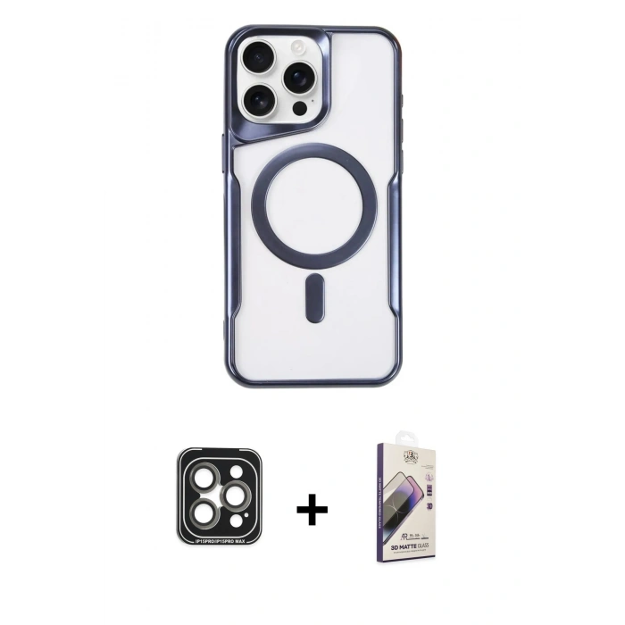 MARSİLYAN™- iPhone 15 Pro Max Kılıf Yadigar Klasik Özel Seri - Siyah Bilvis 3D Mat Cam Ekran Koruyucu + PVD Metal Kamera Lens - GI