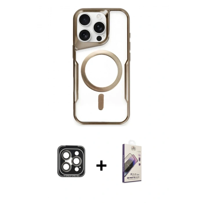 MARSİLYAN™- iPhone 15 Pro Max Kılıf Yadigar Klasik Özel Seri - Siyah Bilvis 3D Mat Cam Ekran Koruyucu + PVD Metal Kamera Lens - GI