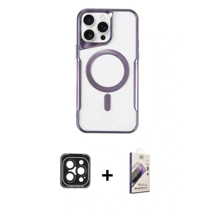 MARSİLYAN™- iPhone 15 Pro Max Kılıf Yadigar Klasik Özel Seri - Siyah Bilvis 3D Mat Cam Ekran Koruyucu + PVD Metal Kamera Lens - SH