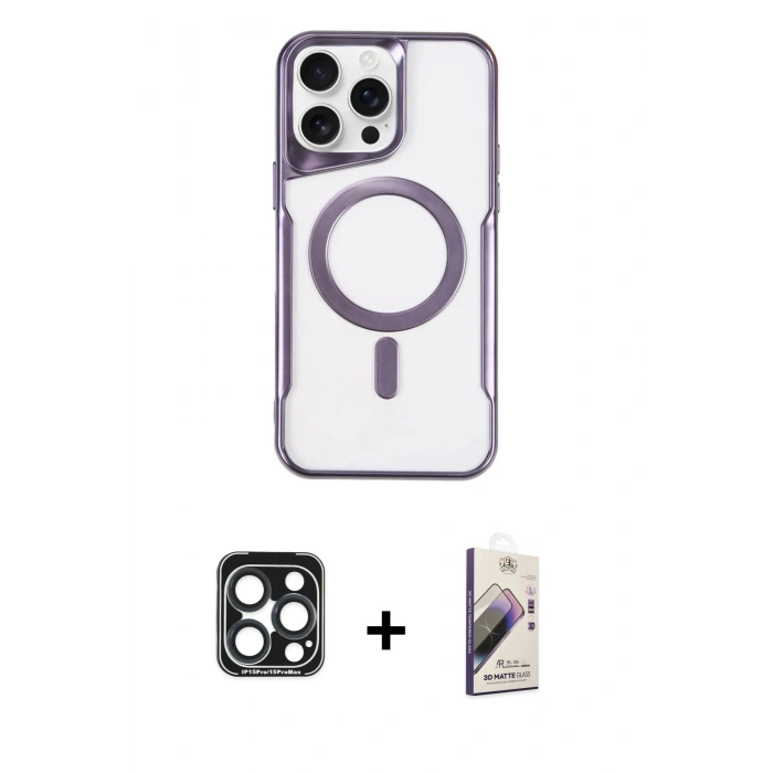 MARSİLYAN™- iPhone 15 Pro Max Kılıf Yadigar Klasik Özel Seri - Siyah Bilvis 3D Mat Cam Ekran Koruyucu + PVD Metal Kamera Lens - LT