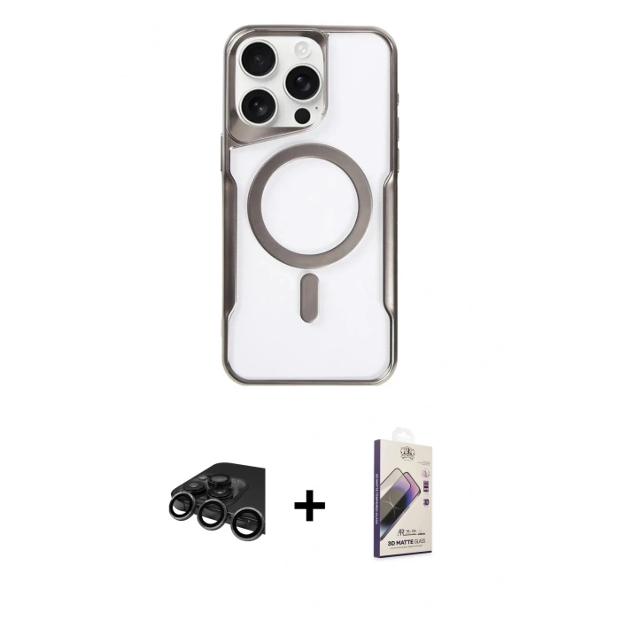 MARSİLYAN™- iPhone 15 Pro Max Kılıf Yadigar Klasik Özel Seri - Siyah Bilvis 3D Mat Cam Ekran Koruyucu + Raze Metal Kamera Lens - TMGI