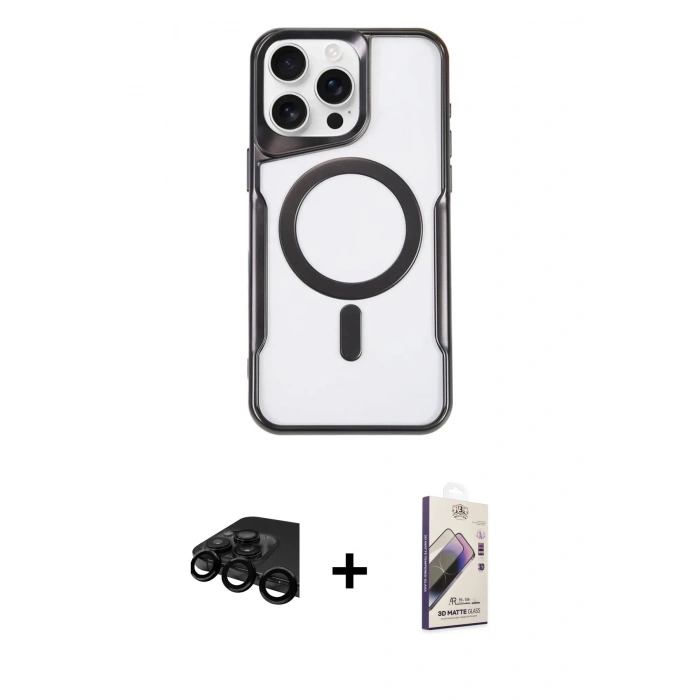 MARSİLYAN™- iPhone 15 Pro Max Kılıf Yadigar Klasik Özel Seri - Siyah Bilvis 3D Mat Cam Ekran Koruyucu + Raze Metal Kamera Lens - SH