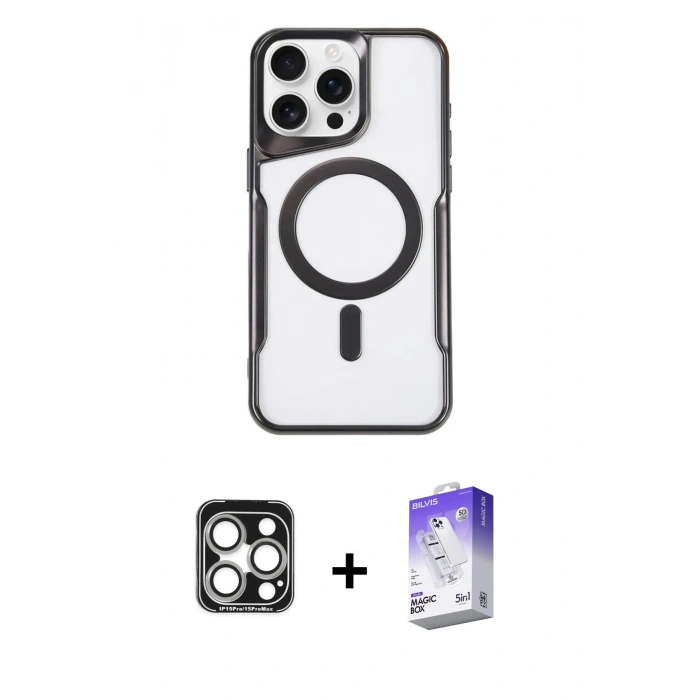 MARSİLYAN™- iPhone 15 Pro Max Kılıf Yadigar Klasik Özel Seri - Siyah Bilvis 5in1 3D Magic Cam Ekran Koruyucu + PVD Metal Kamera Lens - GS