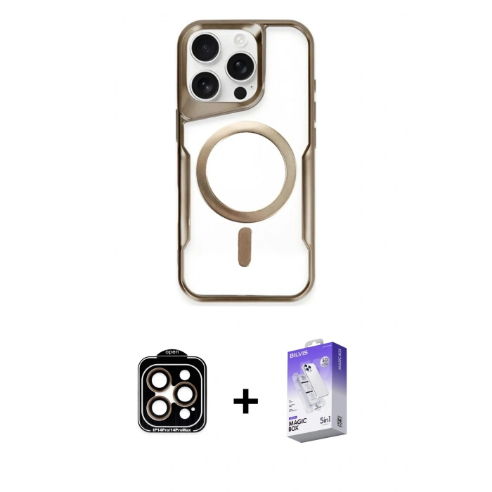 MARSİLYAN™- iPhone 15 Pro Max Kılıf Yadigar Klasik Özel Seri - Siyah Bilvis 5in1 3D Magic Cam Ekran Koruyucu + Turuncu PVD Metal Kamera Lens