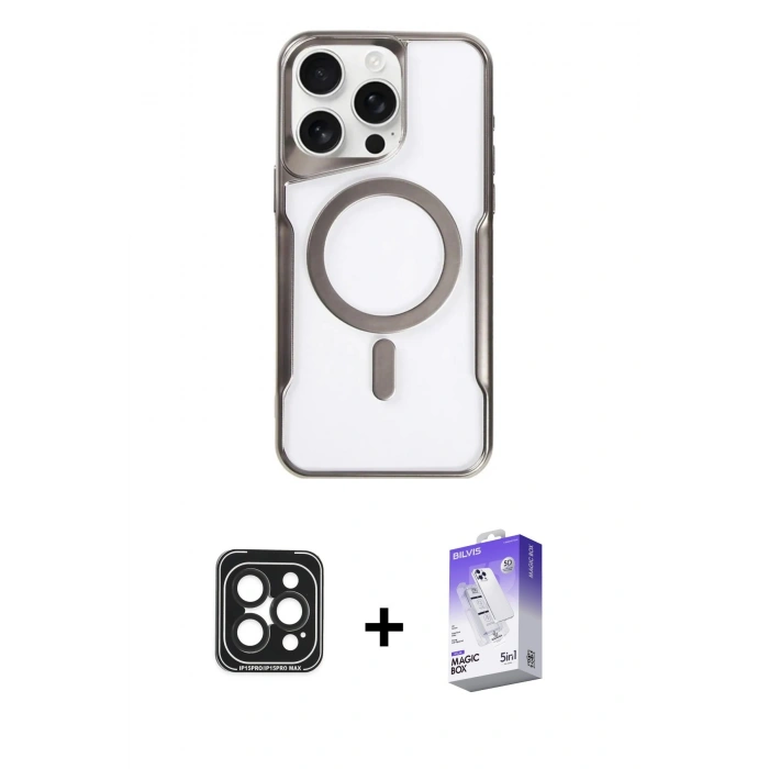 MARSİLYAN™- iPhone 15 Pro Max Kılıf Yadigar Klasik Özel Seri - Siyah Bilvis 5in1 3D Magic Cam Ekran Koruyucu + Siyah PVD Metal Kamera Lens