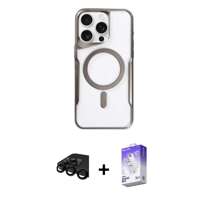MARSİLYAN™- iPhone 15 Pro Max Kılıf Yadigar Klasik Özel Seri - Siyah Bilvis 5in1 3D Magic Cam Ekran Koruyucu + Raze Metal Kamera Lens - SH