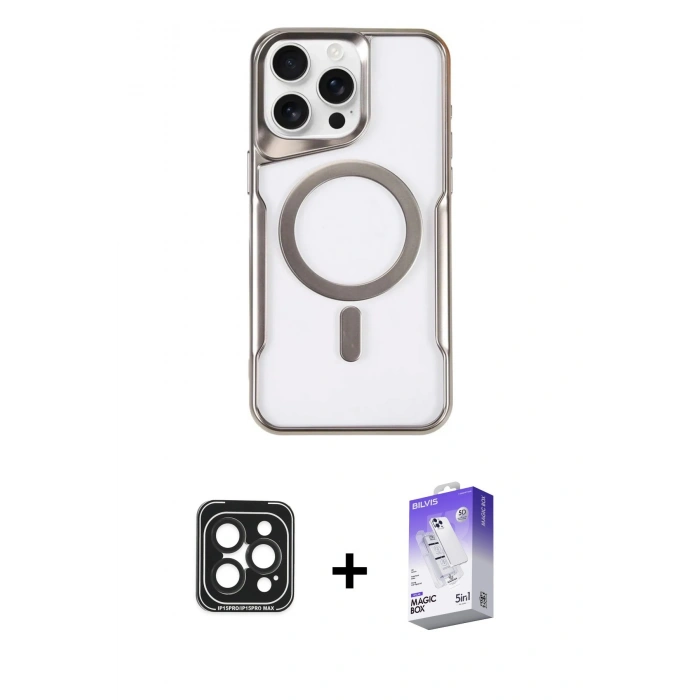 MARSİLYAN™- iPhone 15 Pro Max Kılıf Yadigar Klasik Özel Seri - Siyah Bilvis 5in1 3D Magic Cam Ekran Koruyucu + Siyah PVD Metal Kamera Lens