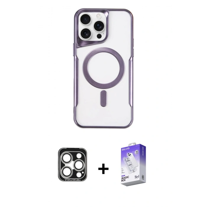 MARSİLYAN™- iPhone 15 Pro Max Kılıf Yadigar Klasik Özel Seri - Siyah Bilvis 5in1 3D Magic Cam Ekran Koruyucu + PVD Metal Kamera Lens - GS
