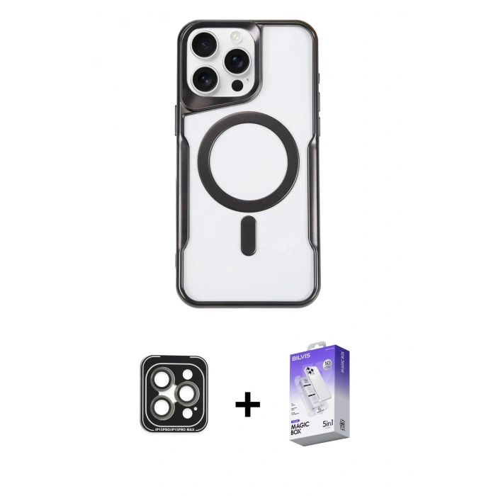 MARSİLYAN™- iPhone 15 Pro Max Kılıf Yadigar Klasik Özel Seri - Siyah Bilvis 5in1 3D Magic Cam Ekran Koruyucu + PVD Metal Kamera Lens - GI