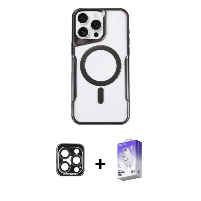 MARSİLYAN™- iPhone 15 Pro Max Kılıf Yadigar Klasik Özel Seri - Siyah Bilvis 5in1 3D Magic Cam Ekran Koruyucu + PVD Metal Kamera Lens - LT