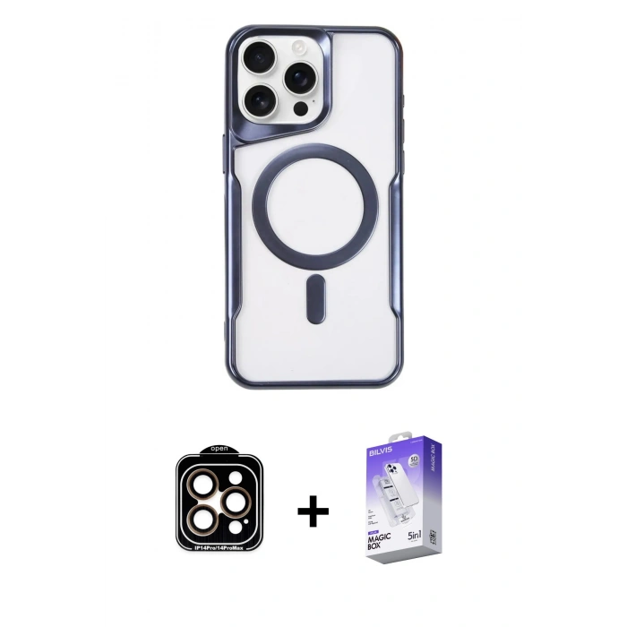 MARSİLYAN™- iPhone 15 Pro Max Kılıf Yadigar Klasik Özel Seri - Siyah Bilvis 5in1 3D Magic Cam Ekran Koruyucu + Turuncu PVD Metal Kamera Lens