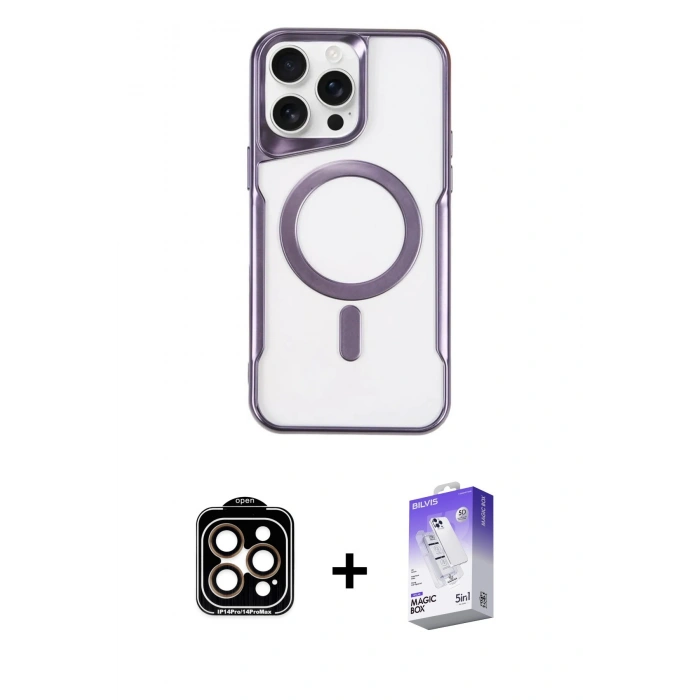 MARSİLYAN™- iPhone 15 Pro Max Kılıf Yadigar Klasik Özel Seri - Siyah Bilvis 5in1 3D Magic Cam Ekran Koruyucu + Turuncu PVD Metal Kamera Lens
