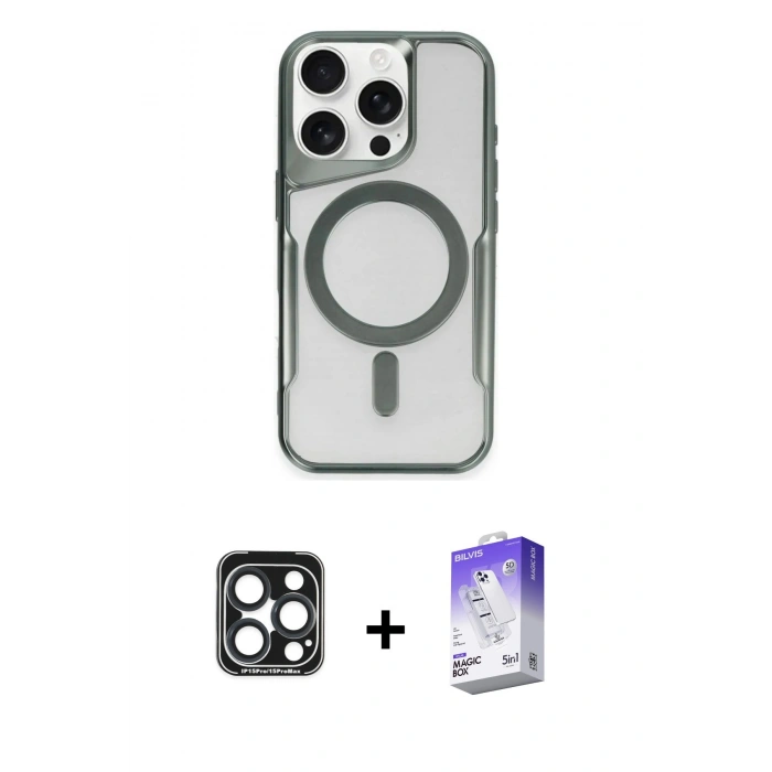 MARSİLYAN™- iPhone 15 Pro Max Kılıf Yadigar Klasik Özel Seri - Siyah Bilvis 5in1 3D Magic Cam Ekran Koruyucu + PVD Metal Kamera Lens - LT